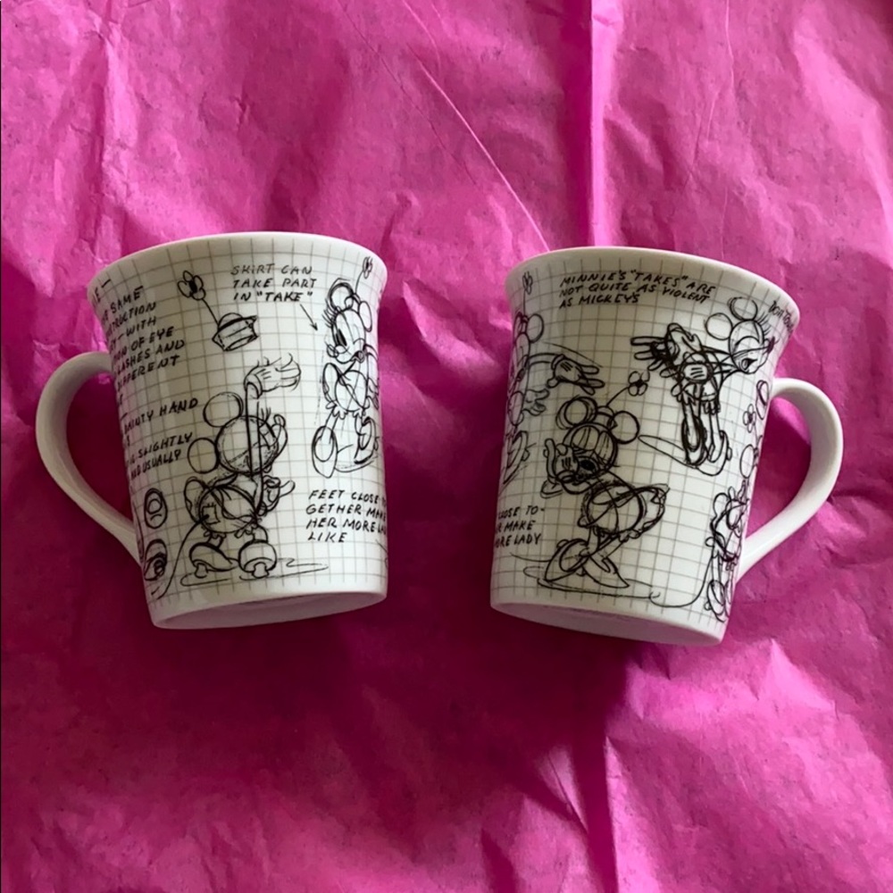 Set of 2 Disney Minnie Mickey Mouse Sketch Ceramic Mugs Cups Cute Drinkware NWT